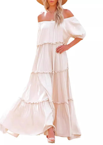 Slash Neck Ruffled Patchwork Cotton Long Dresses Summer