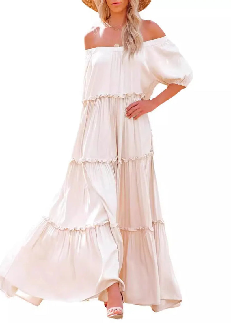 Slash Neck Ruffled Patchwork Cotton Long Dresses Summer