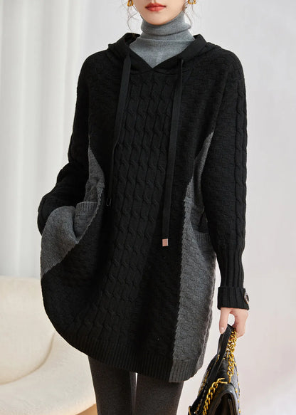 Style Black Hooded Patchwork Knit Pullover Dress Winter