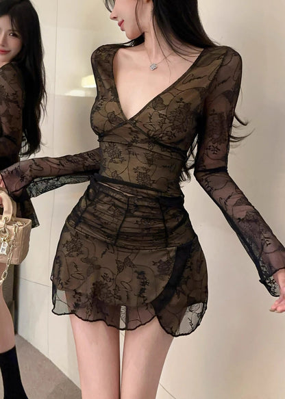 Black V Neck Silm Fit Tulle Two Piece Set Clothing