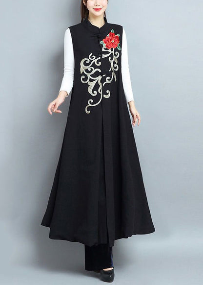 Black Embroideried Side Open Patchwork Cotton Long Waistcoat Sleeveless