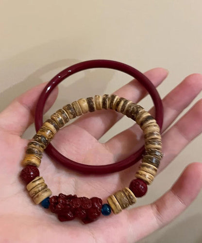 Handmade Red Cinnabar Bracelet and Coconut Shell a Mythical Wild Animal Two Piece Set Bangle