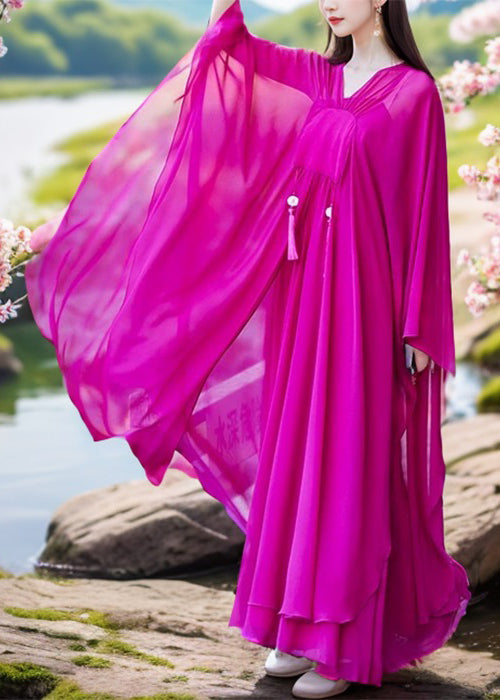 Pink V Neck Tasseled Chiffon Two-piece Set Spring
