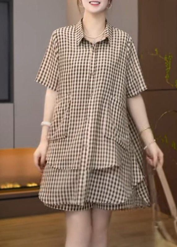 Brown Oversized Plaid Cotton Two Pieces Set Summer
