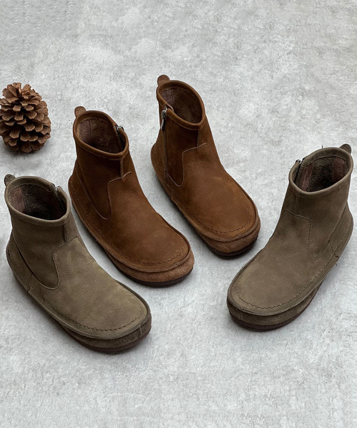 Chocolate Cowhide Leather Boots Zippered Ankle Boots