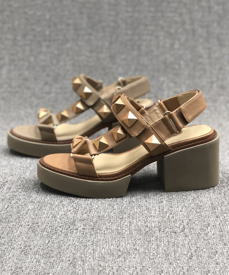 Camel Rivet Chunky Cowhide Leather Sandals
