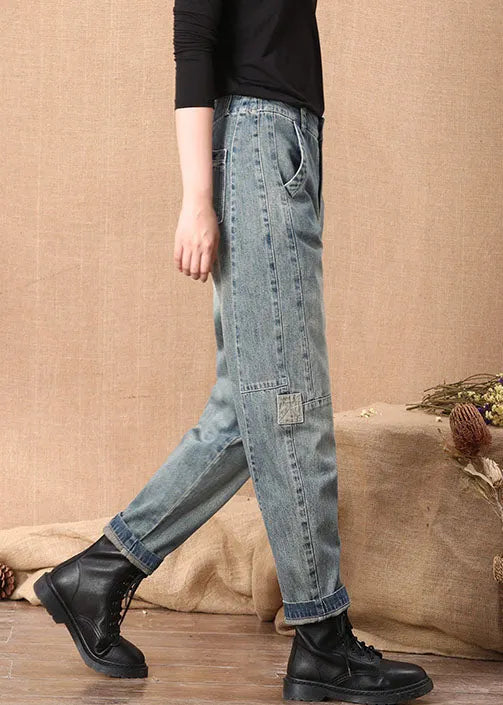 Blue High Waist Button Pockets Patchwork Cotton Denim Pants Summer