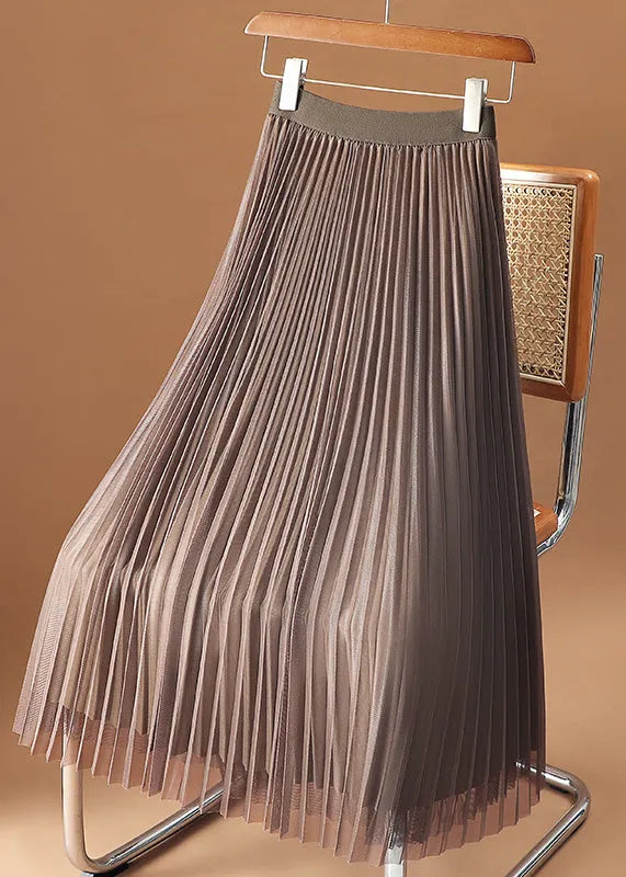 Chocolate Elastic Waist Velour Tulle Pleated Skirts Spring