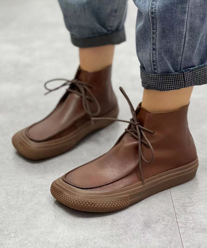 Chocolate Cowhide Leather Boots Lace Up Ankle Boots
