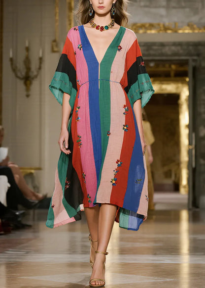 Loose Colorblock V Neck Print Cotton Dress Summer