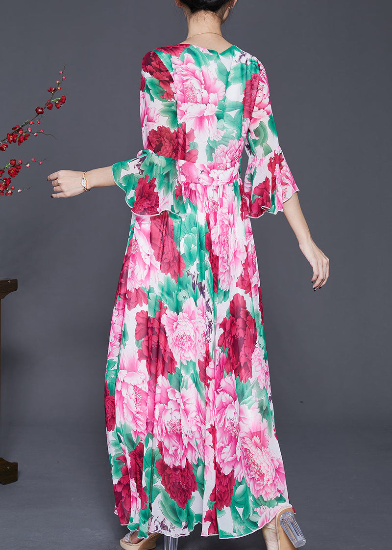 Red Exra Large Hem Chiffon Ankle Dress Flare Sleeve