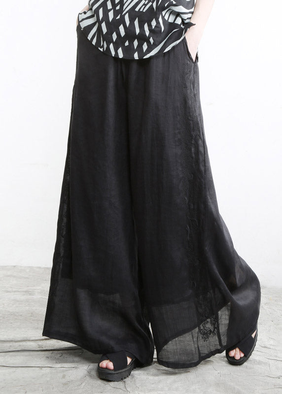 Modern Black Pockets Embroideried Elastic Waist Linen Wide Leg Pants Summer