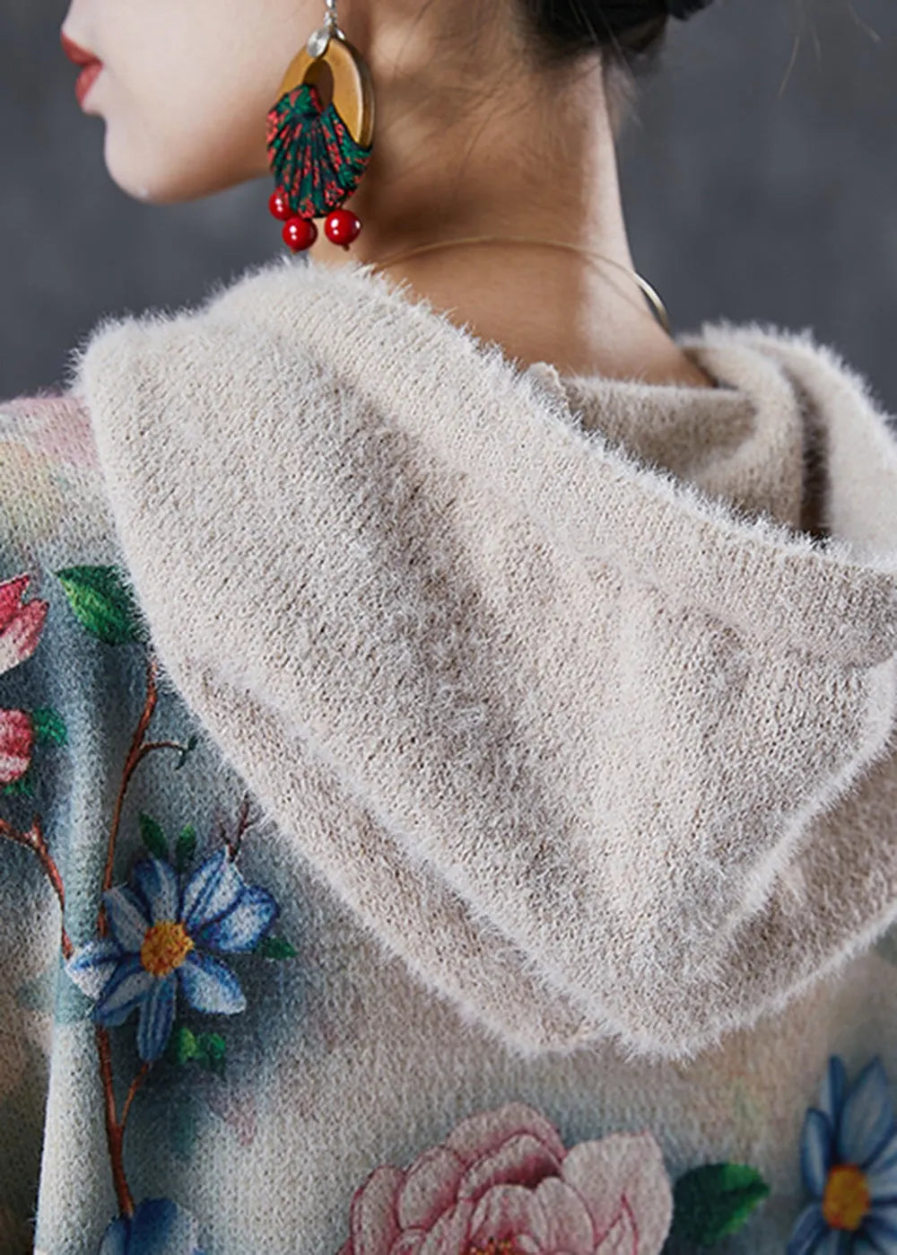 Diy Khaki Hooded Mink Velour Knitted Mid Dress Winter