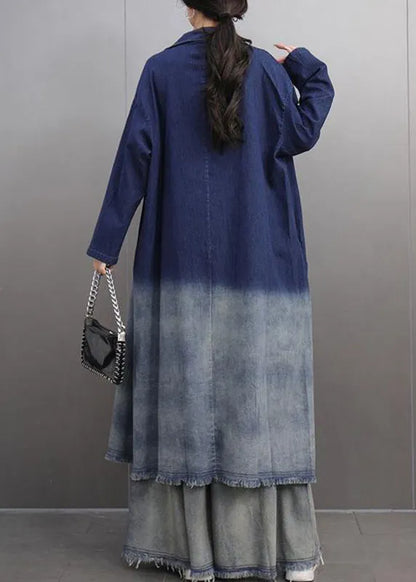 Gradient Color Navy Notched Denim Long Trench Coats and Wide Leg Pants Two Pieces Set Fall