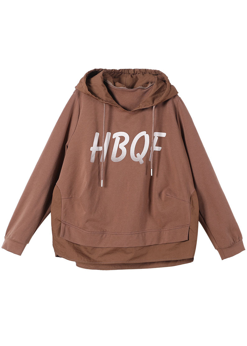 Brown Hooded Drawstring Graphic Fall Patchwork Sweatshirts Top