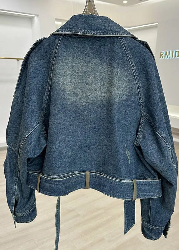 Modern Blue Peter Pan Collar Pockets Patchwork Denim Coat Fall