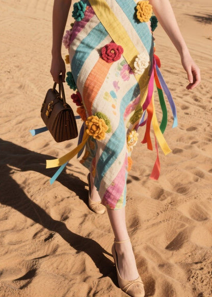 Multicolor Striped Knitted Flower Cotton Cami Dresses Summer