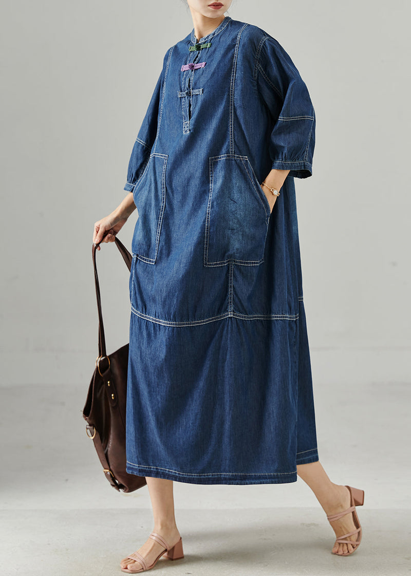 Navy Oversized Chinese Button Denim Dress Bracelet Sleeve Spring