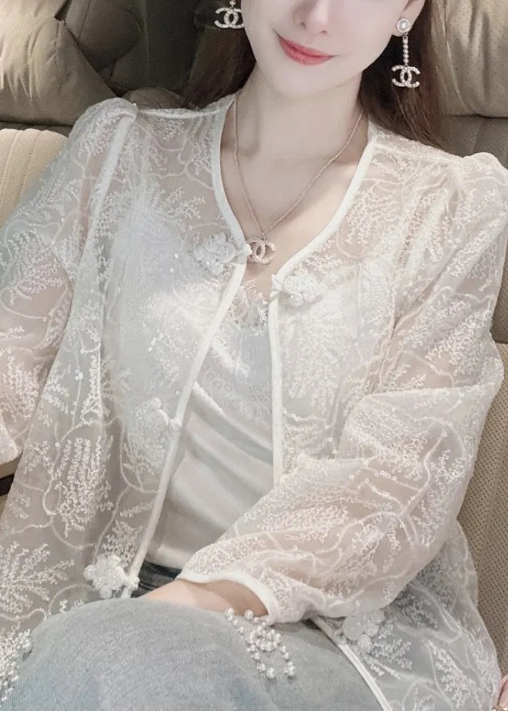 French White Embroidered Button Sequins Lace Coat Summer