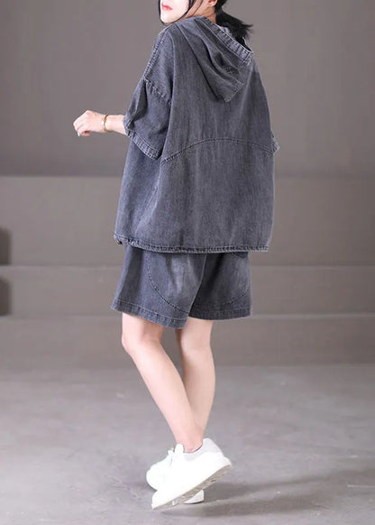 Dark Grey Hooded Elastic Waist Pockets Cotton Denim Two Piece Set Outfits Summer