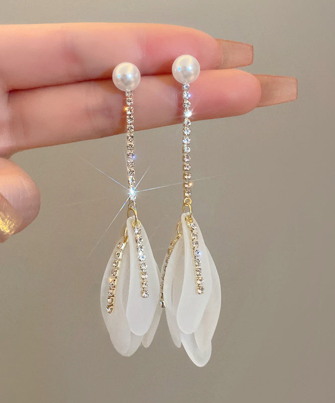 White Alloy Zircon Pearl Petal Tassel Drop Earrings