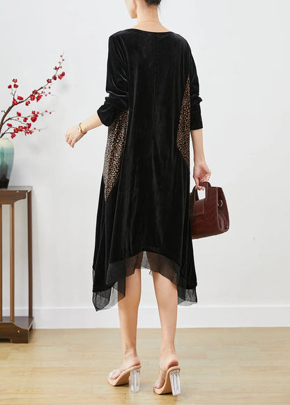 Black Oversized Patchwork Silk Velour Maxi Dresses Fall