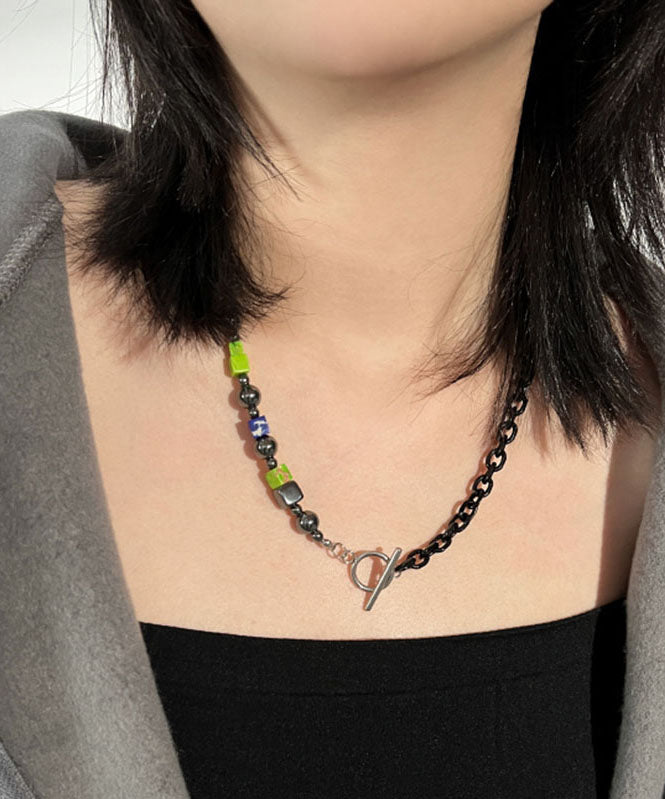 Black Block Black Gallstone Chain Patchwork Necklace