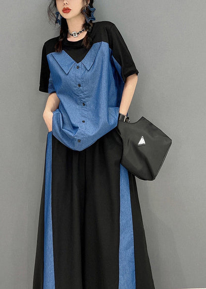 Boutique Black O-neck Patchwork Top and Long Pants Two Piece Set Summer