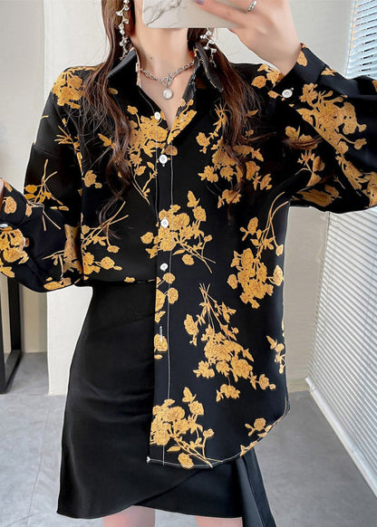 Black Peter Pan Collar Button Print Chiffon Shirt Tops Spring