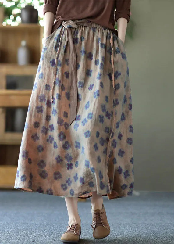 Yellow Pockets Print Linen a Line Skirts Summer