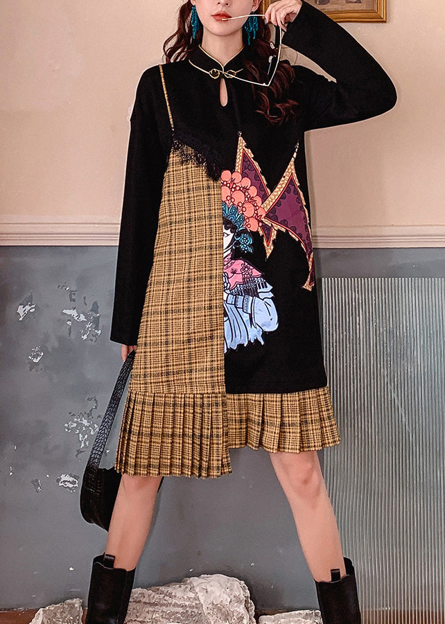 Black Stand Collar Print Patchwork Maxi Dress Long Sleeve