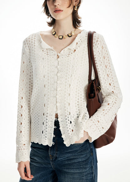 Beige O Neck Hollow Out Knit Cardigan Fall