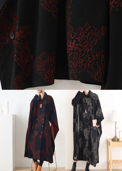 Black Print Peter Pan Collar Button Long Trench Coats