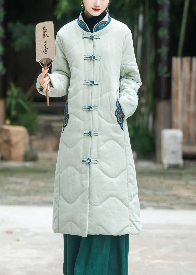 Khaki Stand Collar Embroideried Lengthen Fine Cotton Filled Witner Coat