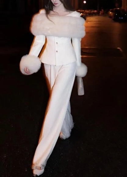 Vogue White Fur Collar Coats and Wide Leg Pants Two Pieces Set Winter