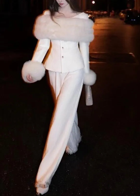 Vogue White Fur Collar Coats and Wide Leg Pants Two Pieces Set Winter