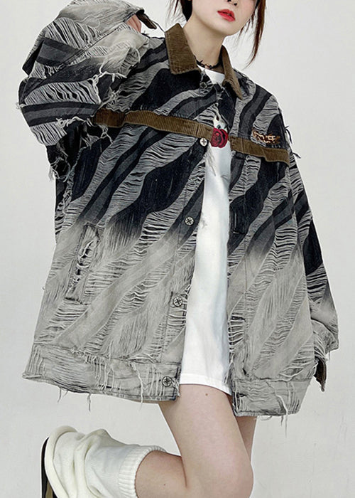 Striped Button Hole Patchwork Style Denim Coats Fall