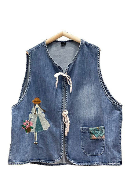 Organic Blue Embroideried O-neck Pocket Lace Up Cotton Vest Tops Sleeveless