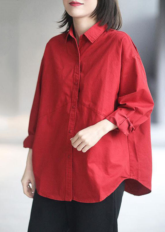 Red Peter Pan Collar Patchwork Cotton Shirts Fall