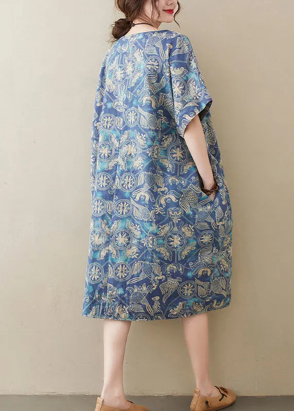 Original Design Blue O-neck Print Cotton Loose Dress Short Sleeve
