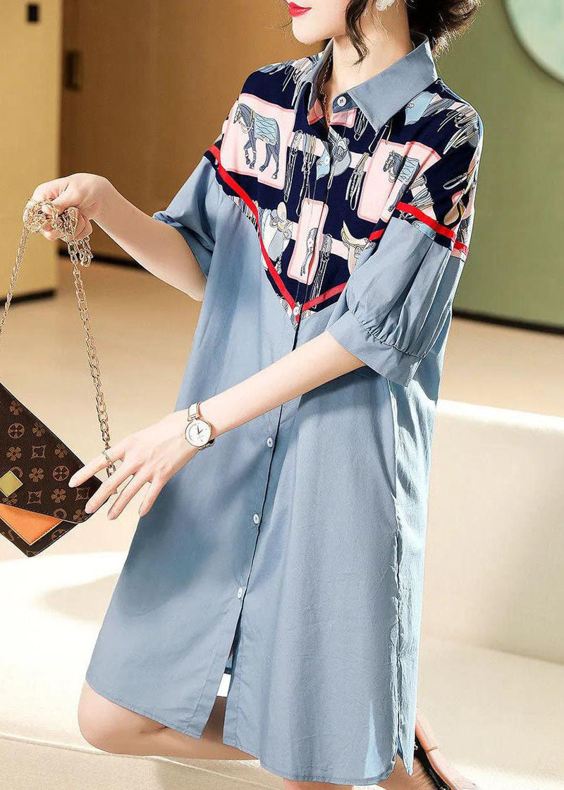 Style Blue Button Peter Pan Collar Print Patchwork Shirt Dresses Half Sleeve