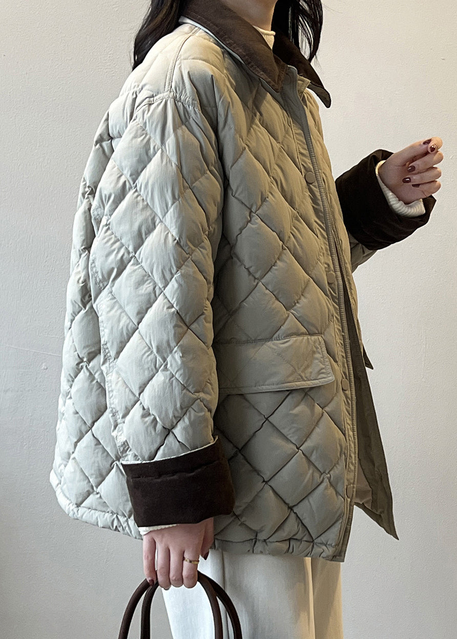 Grey Peter Pan Collar Corduroy Duck Down Puffer Jacket Winter