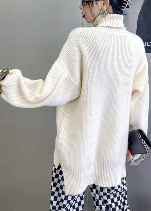 French Apricot Turtleneck Low High Design Loose Fall Knitted Sweaters
