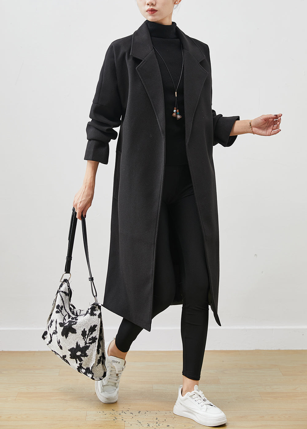 Black Peter Pan Collar Tie Waist Woolen Coats Spring