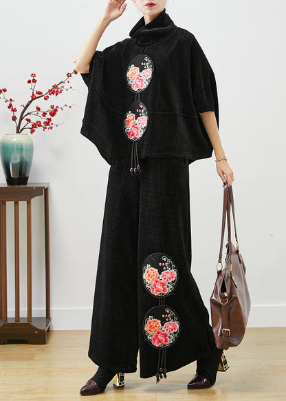 Black Turtle Neck Embroideried Tasseled Corduroy Two Pieces Set Fall