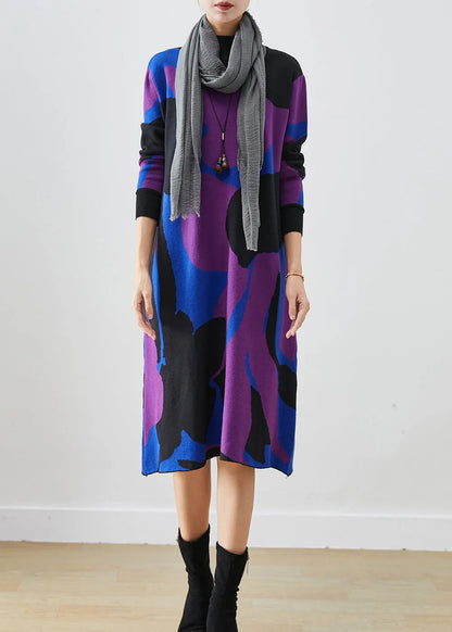French Colorblock Turtle Neck Print Knit a Line Dresses Fall