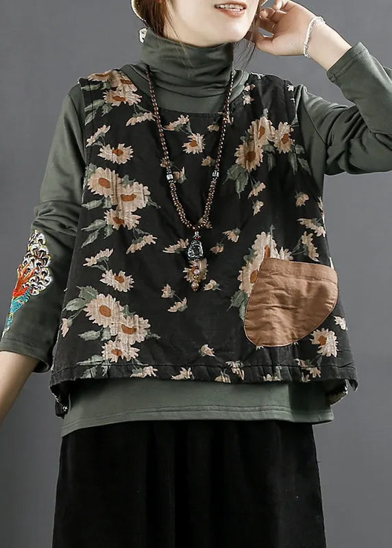 Orange O Neck Print Pockets Thick Waistcoat Sleeveless