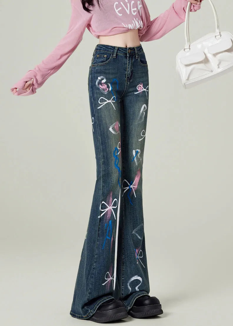 Blue Pockets Bow Print Denim Flared Trousers Spring