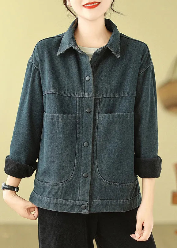 Navy Oversized Pockets Warm Fleece Denim Jacket Spring