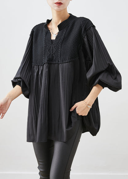 Black Oversized Patchwork Wrinkled Tops Lantern Sleeve